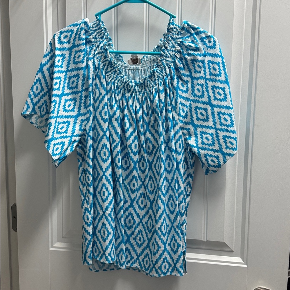 LOFT Blue and White Diamond Print Blouse